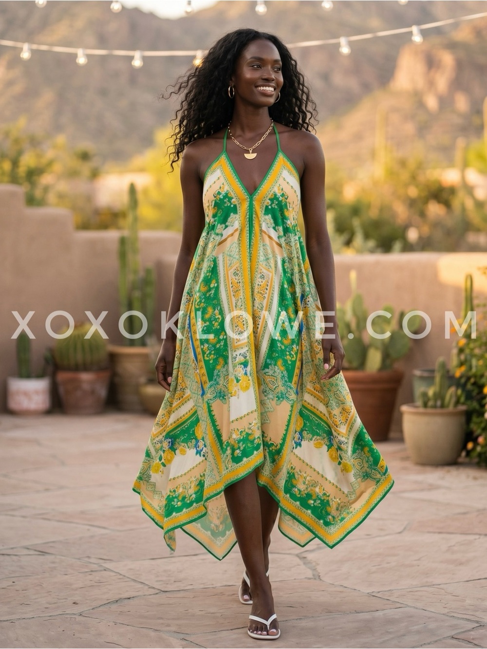 Flying Tomato Green Yellow Scarf Print V Neck Halter Dress | Euro Backless Midi